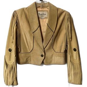 Pioneer Wear Western Genuine Leather Suede Fringe Jacket Size Small Tan